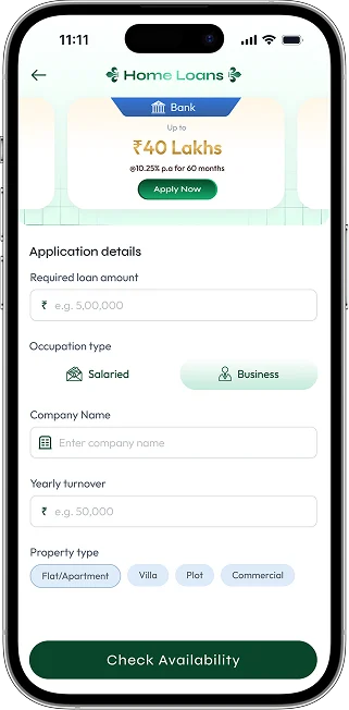 CreadXMoney app showing a home loan application form with loan amount, occupation and property type