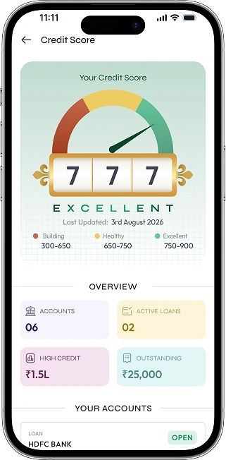 CreadXMoney app showing a credit score of 777 rated excellent