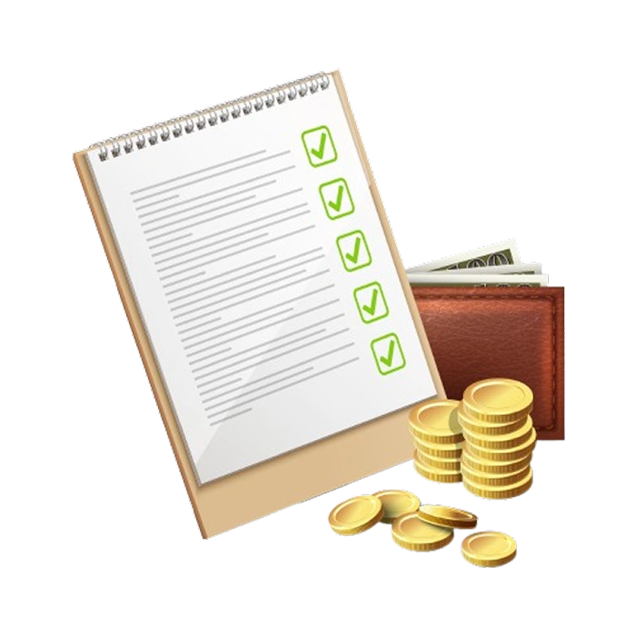 Checklist notepad, wallet and gold coins