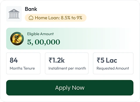 Home Loan offer, 8.5% to 9%, eligible amount 5,00,000, 84 months tenure, 1.2k instalment per month